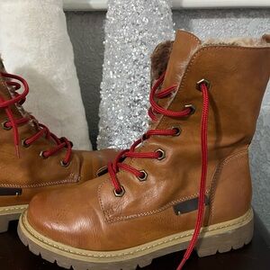Brown Lace-Up Boots with Red Laces  New
